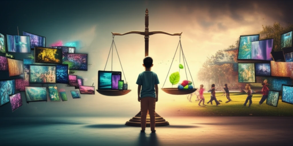 A child faces a choice between a screen-filled world and a vibrant, active park, representing the influence of environment on childhood obesity.