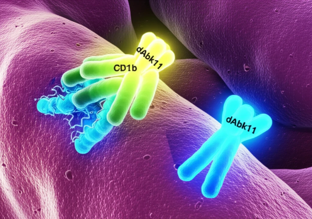 Microscopic view of Tuberculosis bacteria cell interacting with antibody.