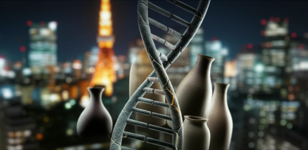 DNA and sake bottles symbolize hypertriglyceridemia in Japan.