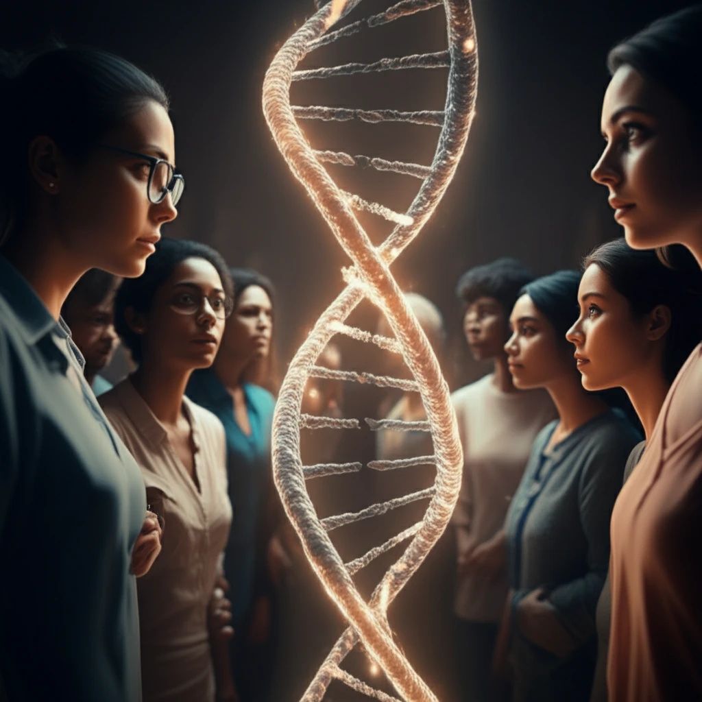 Diverse community surrounding a DNA helix, symbolizing varied beliefs about cancer.