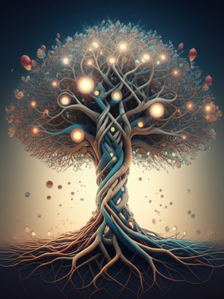 Interconnected pathways merging into a tree of therapeutic solutions.