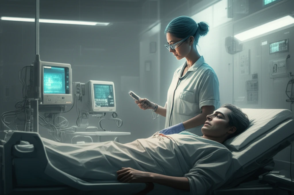 Futuristic nurse scanning a patient's skin for pressure ulcer risk.