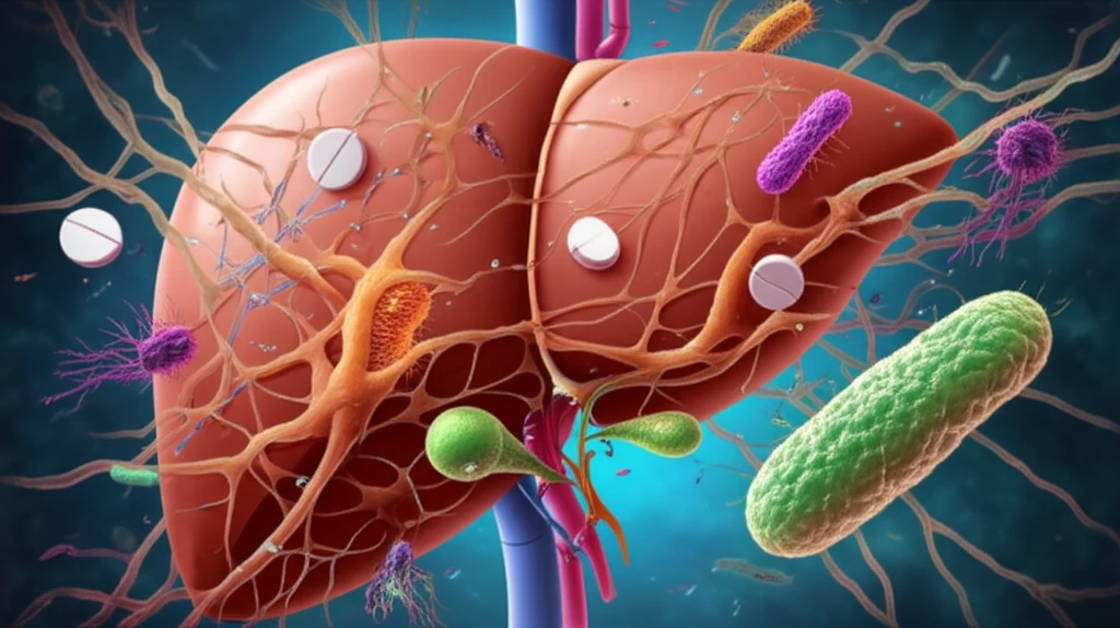 Surreal illustration of liver and bacteria, symbolizing the delicate balance in SBP and antibiotic resistance.