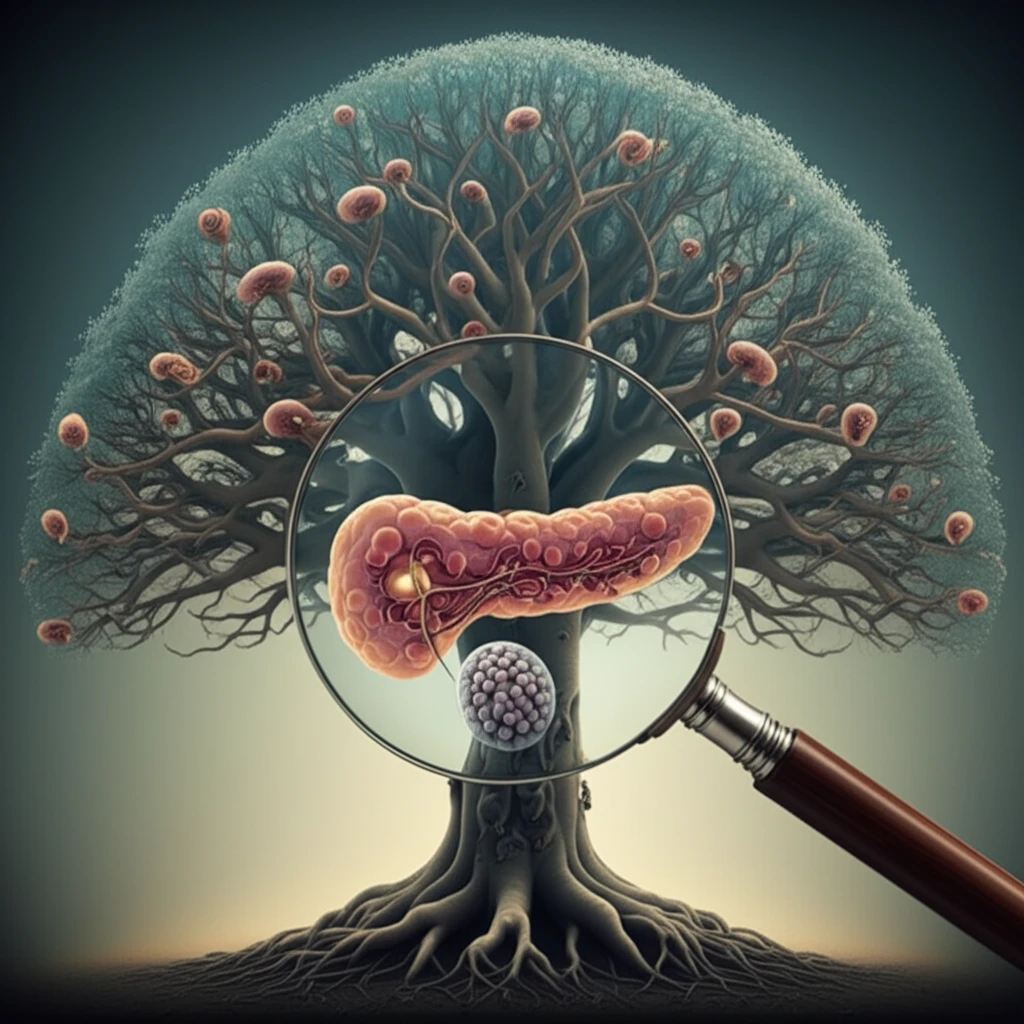 Family tree with pancreatic cells representing hereditary risk and early detection through a magnifying glass