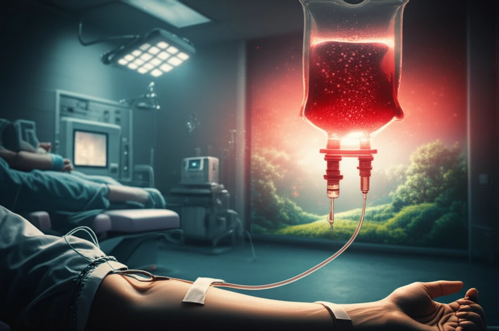 Intravenous drip infusing iron, symbolizing restoration and healing.