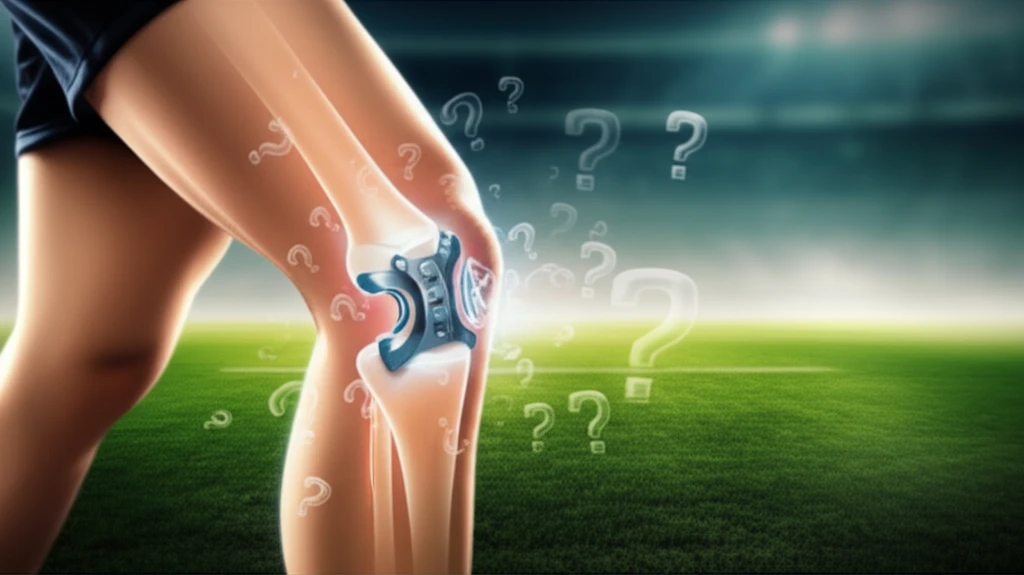 Illustration of a knee with an internal brace and question marks, symbolizing uncertainty about ACL repair outcomes.