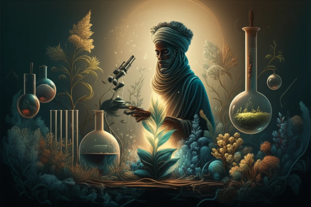 Surreal illustration of Somali medicinal plants intertwined with scientific equipment, symbolizing the blend of traditional knowledge and modern science.