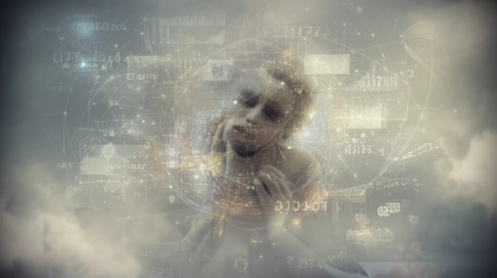 Person struggling to breathe in polluted air with data visualizations