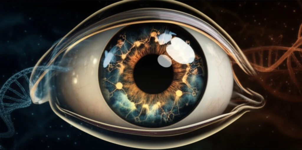 Illustration of a transparent eye lens with glowing proteins inside.