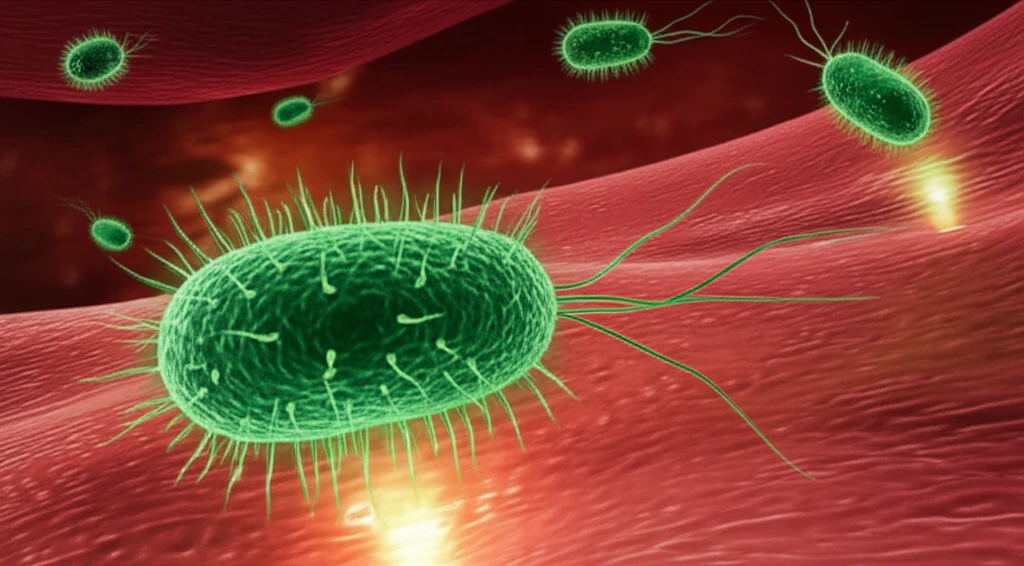 Surreal illustration of Giardia parasite activating virulence factors in intestinal cells.
