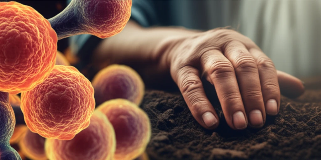 Microscopic view of Cryptococcus neoformans fungi with a farmer's hand in the background.