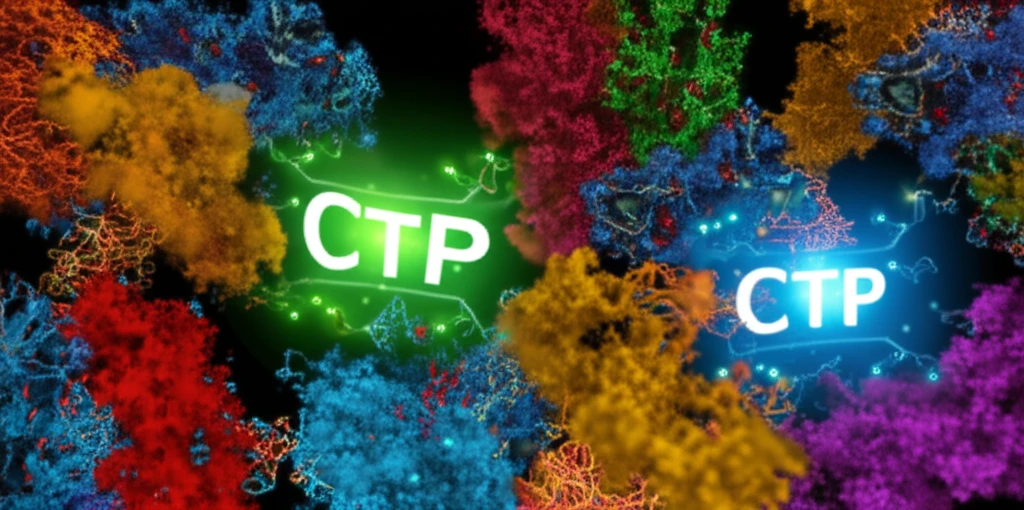 Abstract illustration of an enzyme cascade producing CTP.