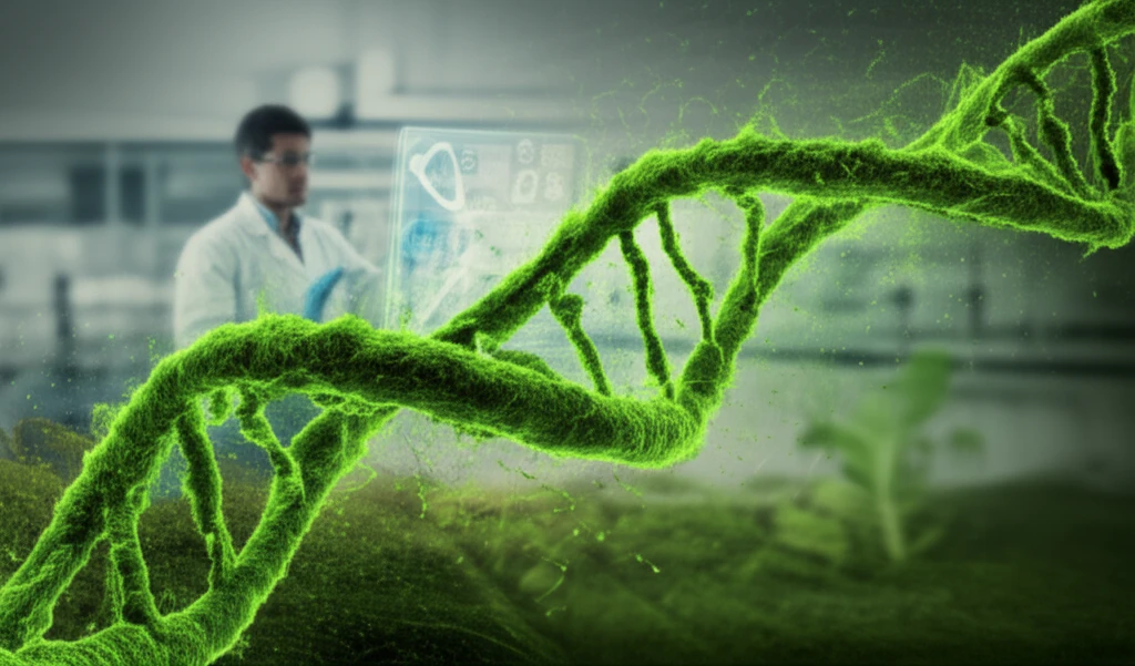 DNA and plants intertwined, scientist analyzing data.