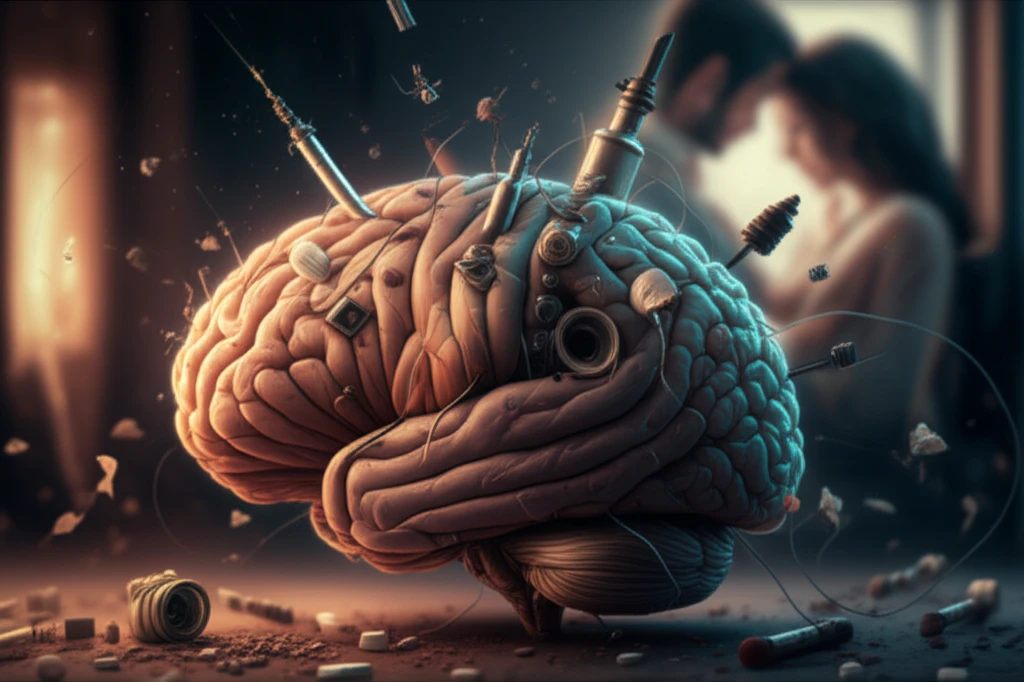 Brain entangled in drugs symbolizing addiction's impact on relationships.