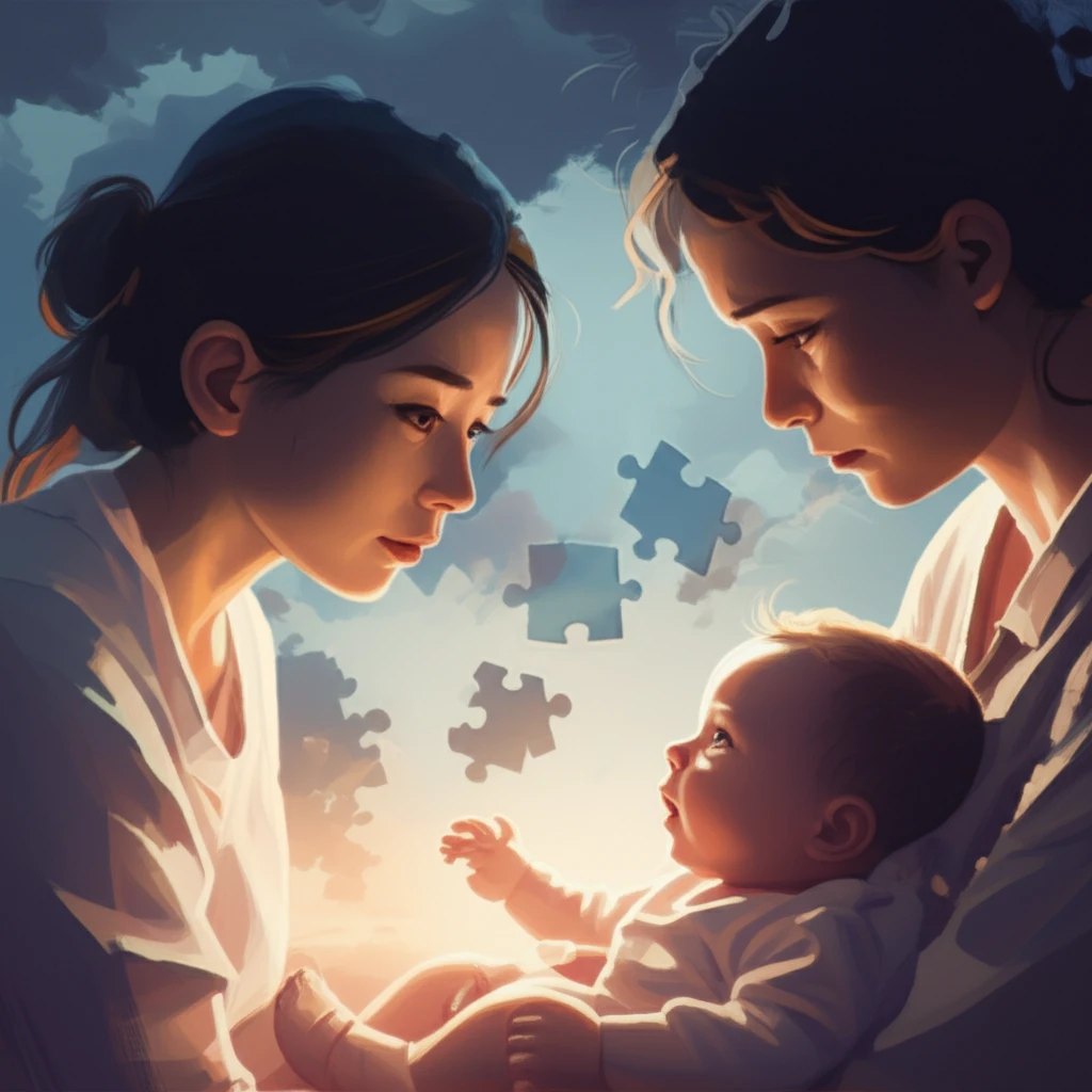 Parent looking worried about their baby with puzzle piece shadows, representing autism concerns.