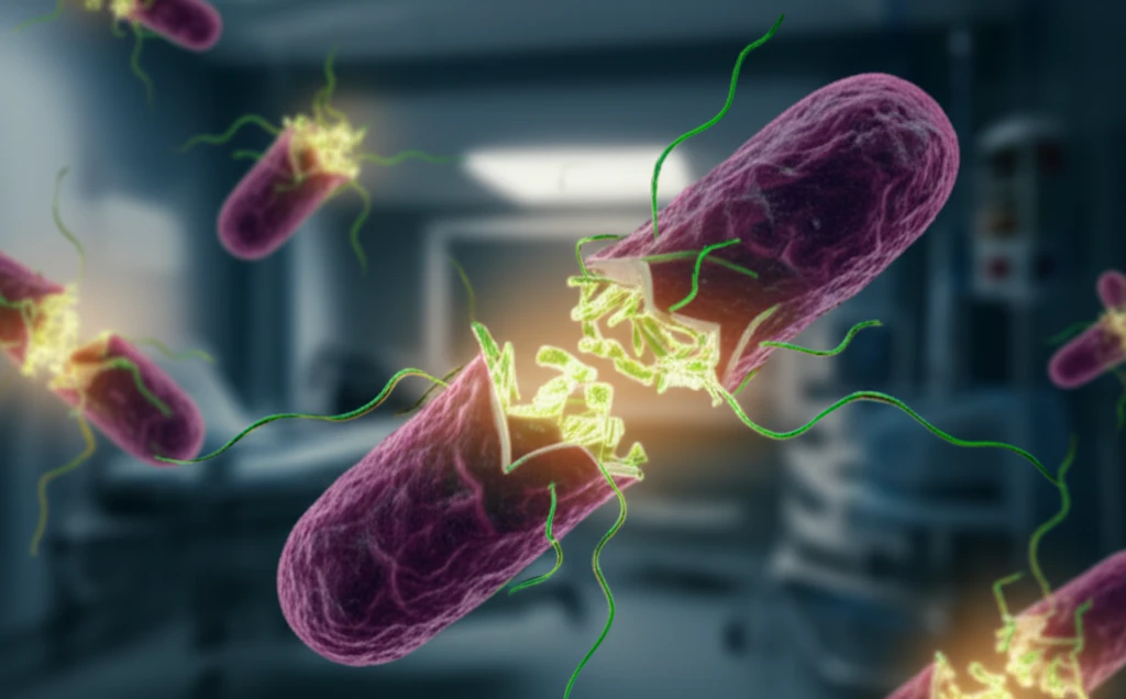 Microscopic view of Klebsiella pneumoniae bacteria being targeted by antibiotics.