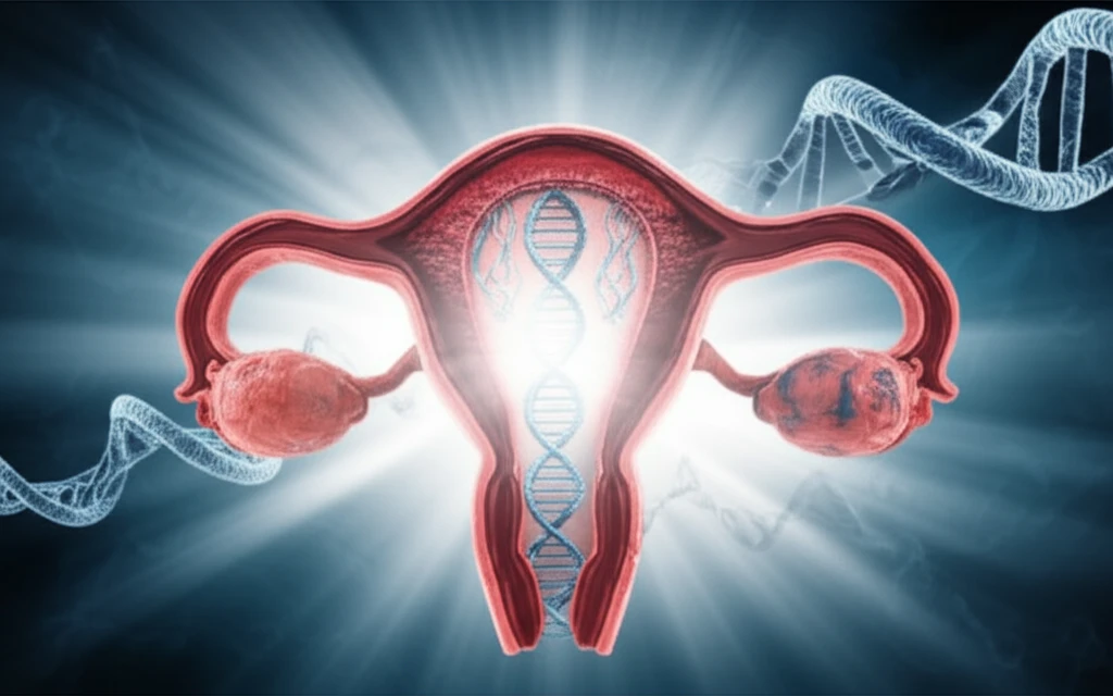 Surreal digital illustration of ovarian cancer research breakthrough with stylized ovary and DNA strands.
