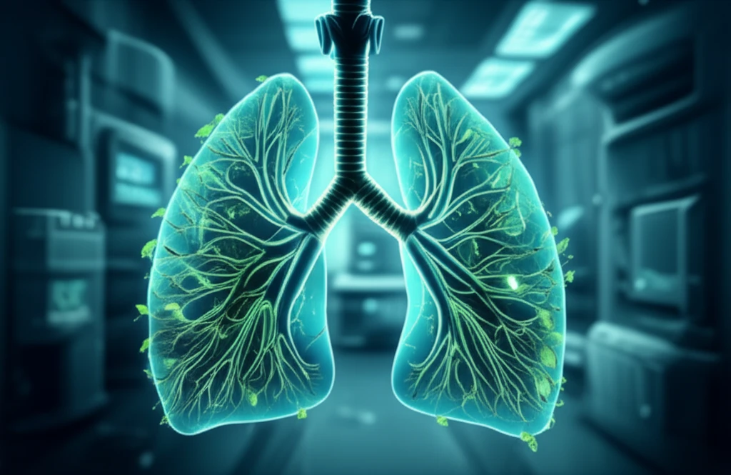Abstract illustration of lung cancer treatment research.