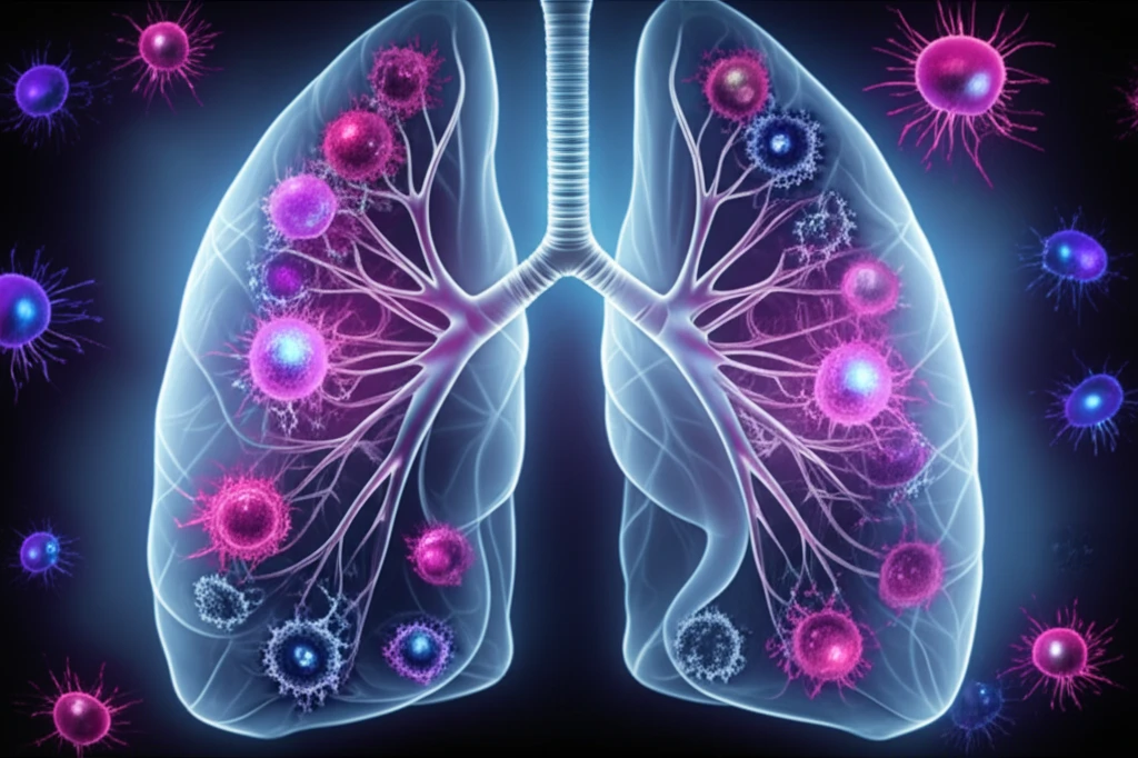 Cancer cells forming patterns around a lung