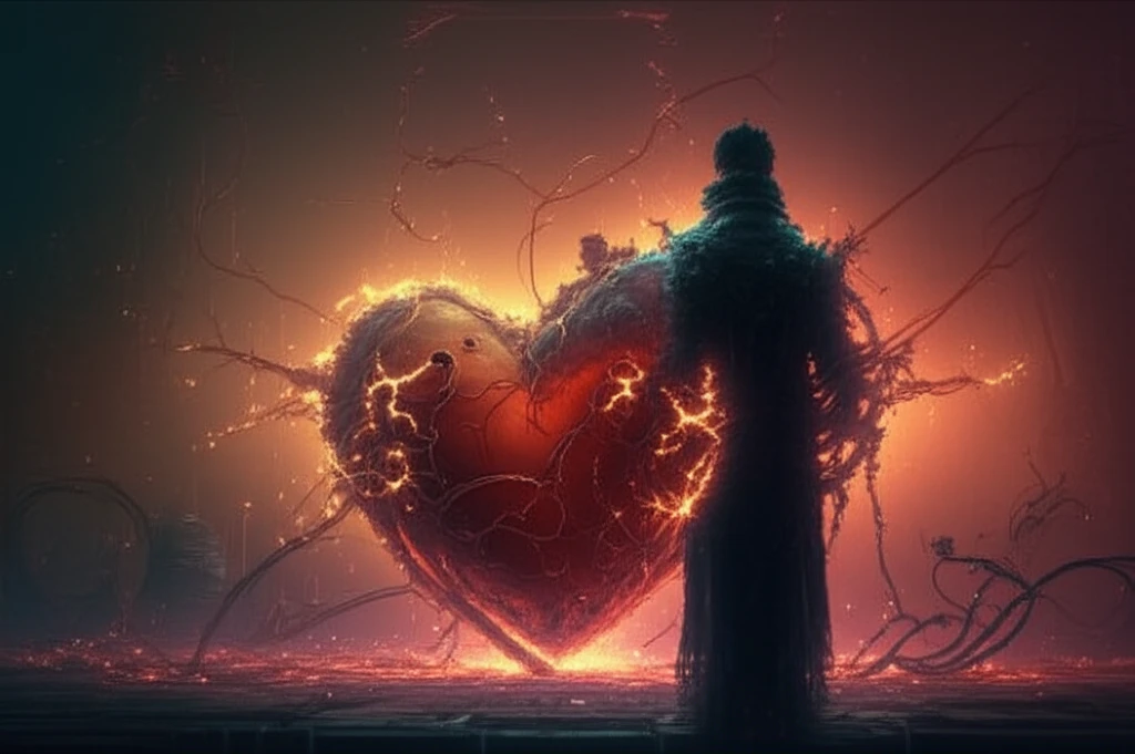 Surreal illustration of a heart with a partially blocked electrical grid.