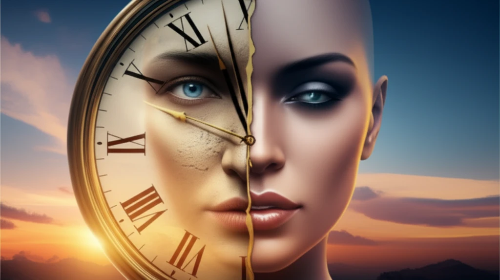 Clock face morphing into a face split to show masculine and feminine features