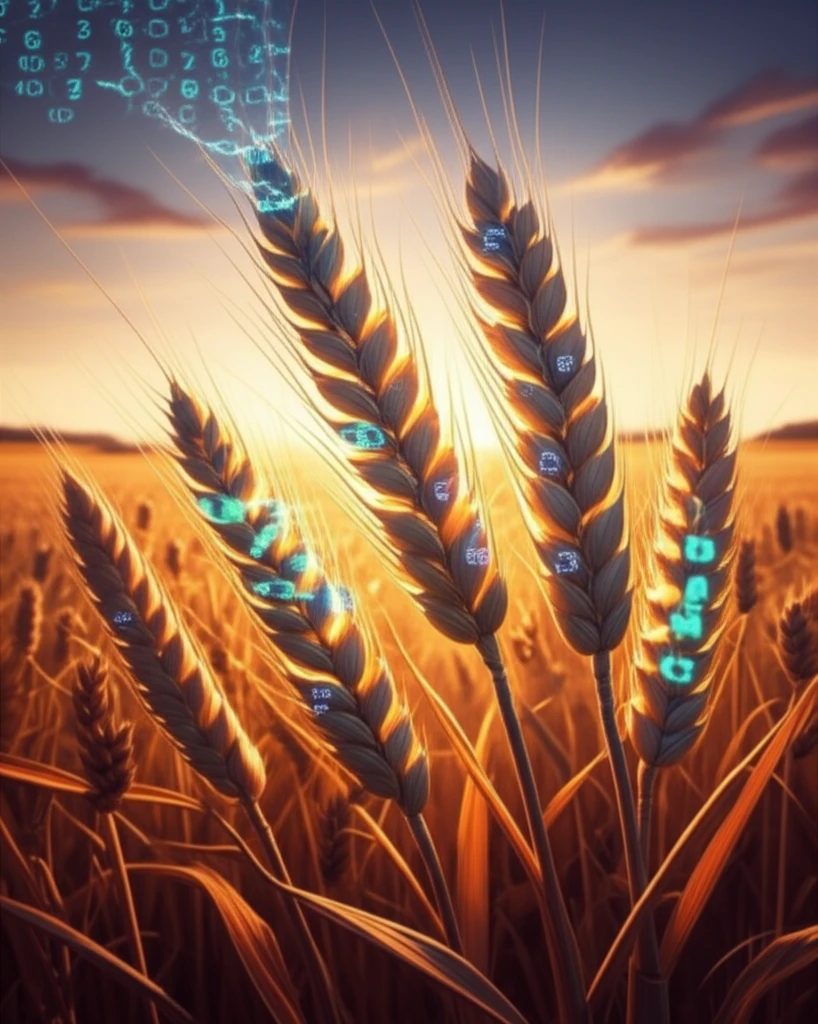 Wheat spikes glowing with genetic code symbolize agricultural breakthrough.