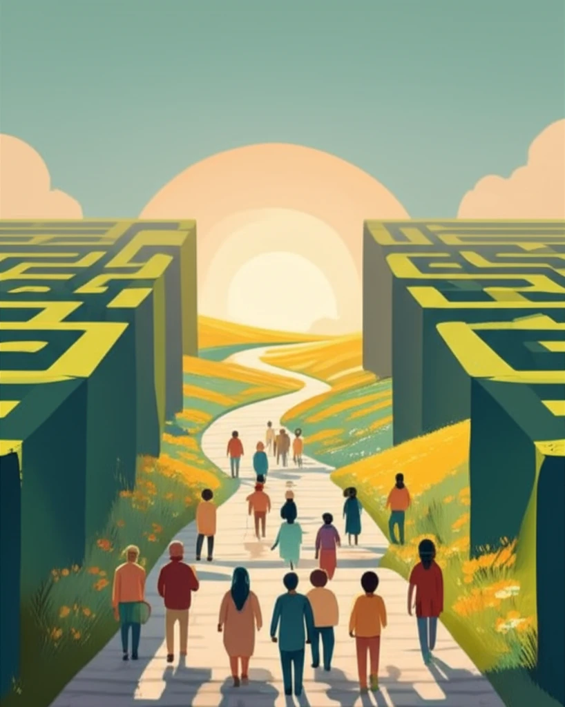 A diverse group walking from a maze to an open field, symbolizing accessible mental healthcare.