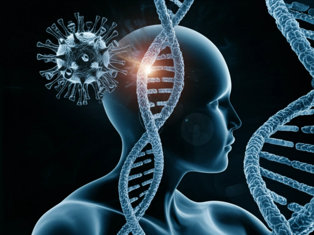 Double helix intertwined with a virus symbolizing genetics, viral infections, and cancer research.