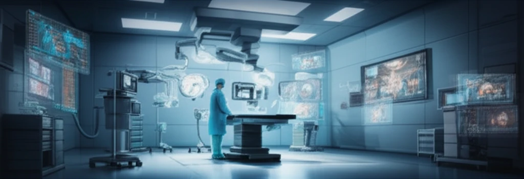 Futuristic operating room with remote video auditing screens.