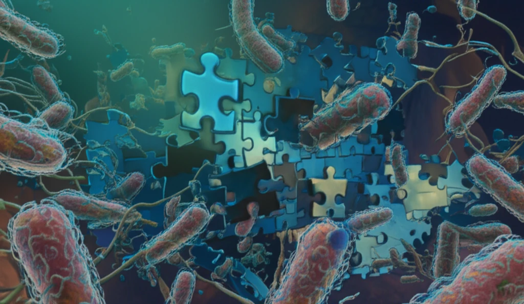 Microscopic view of bacteria with puzzle pieces representing antibiotic resistance fitting together.