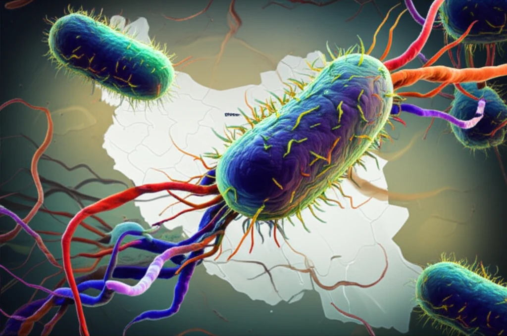 Surreal illustration of antibiotic-resistant bacteria in Tehran