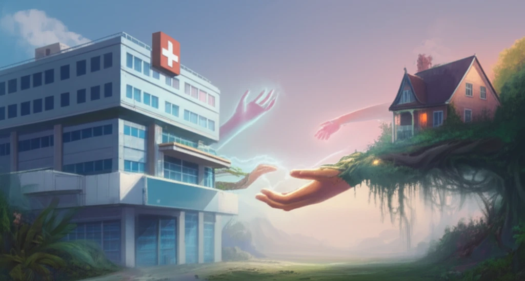 A bridge between a hospital and home, symbolizing care transition.