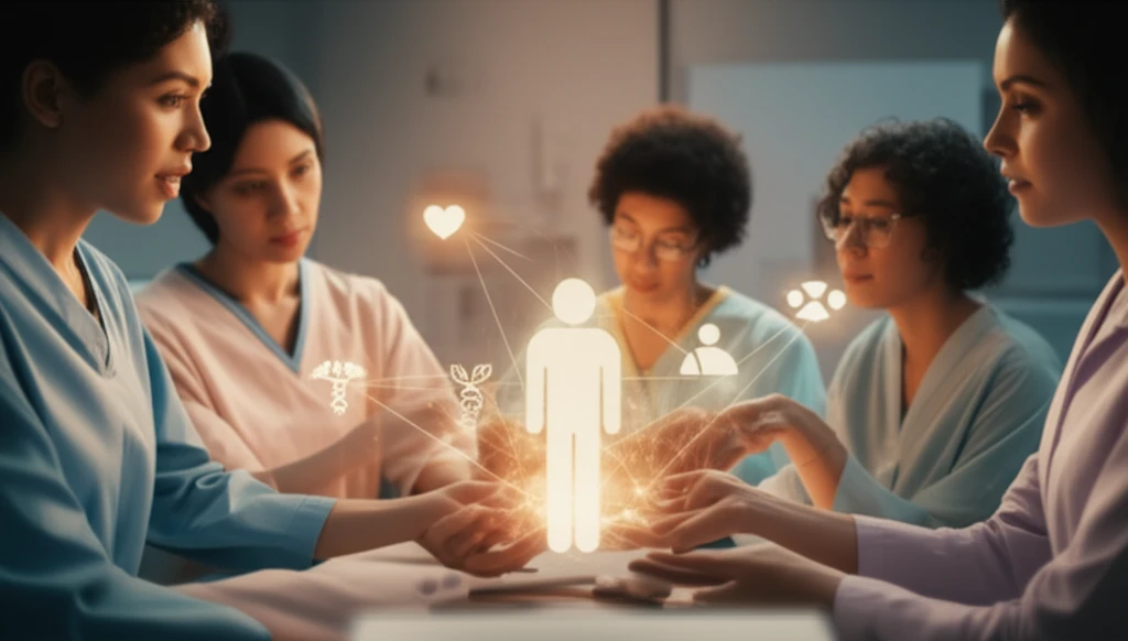 Symbolic illustration of empathy and support in healthcare, representing human vulnerability and well-being.