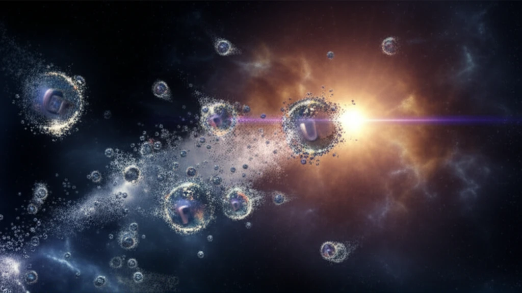 Surreal illustration of cadmium isotope disintegration in space