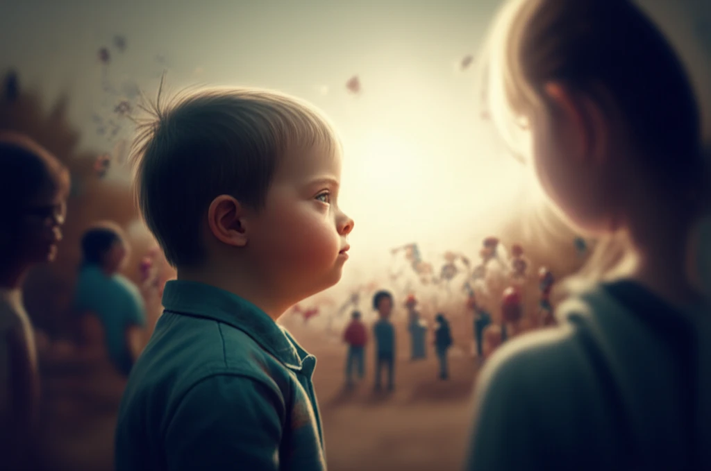 Illustration of a young person with Down syndrome looking towards a clear horizon, symbolizing restored vision.