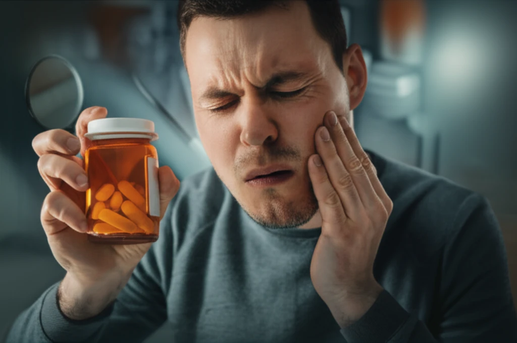 Person with toothache reaching for pills, dentist tools in background.