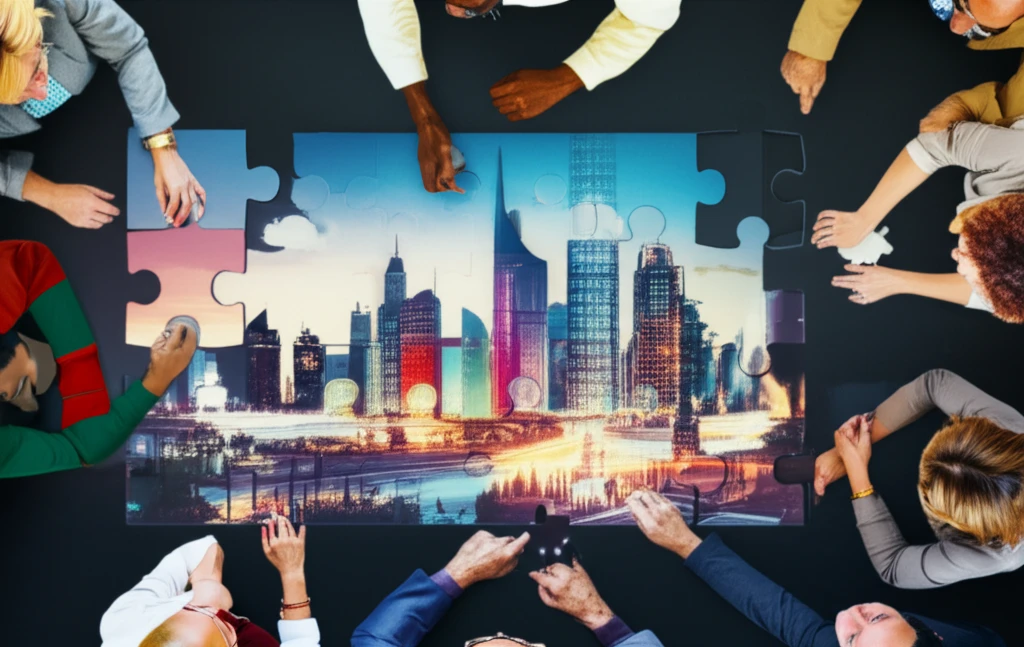 Collaborative cityscape puzzle representing agile project management.