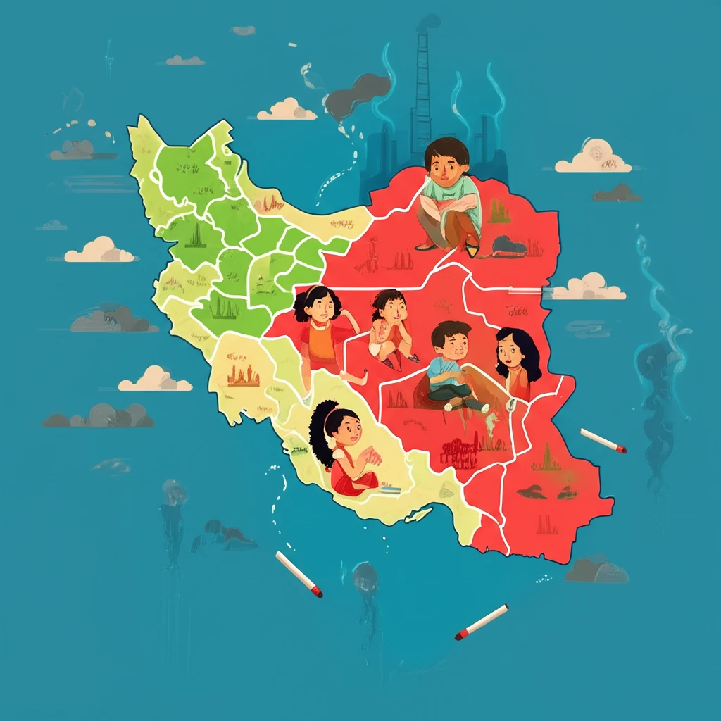 Map of Iran showing varying levels of pediatric asthma prevalence.