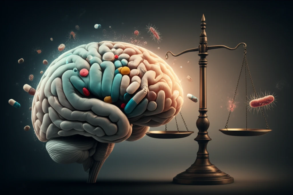 Stylized image of a brain intertwined with pills and bacteria, symbolizing the balance needed in antimicrobial stewardship.