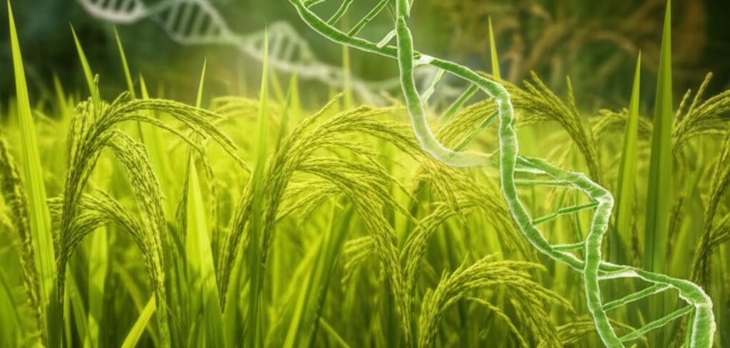 Rice plants with DNA strands interwoven, symbolizing epigenetics and climate resilience.