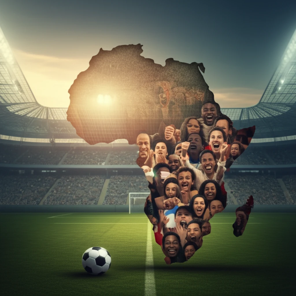 A surreal illustration blending a French football stadium with a map of Africa, symbolizing the intersection of identity and sport.