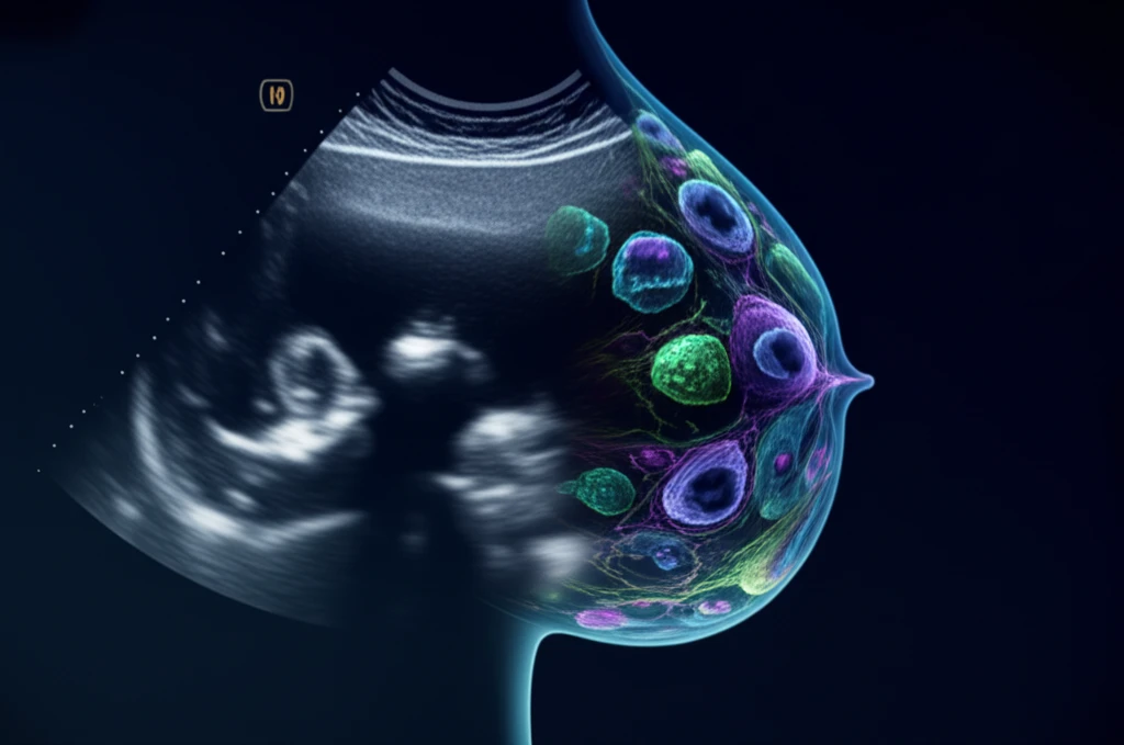 Breast ultrasound and microscopic tissue aligning, symbolizing accurate diagnosis.