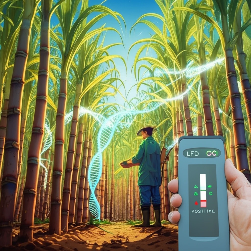 Sugarcane field with glowing DNA strands symbolizing rapid disease detection.