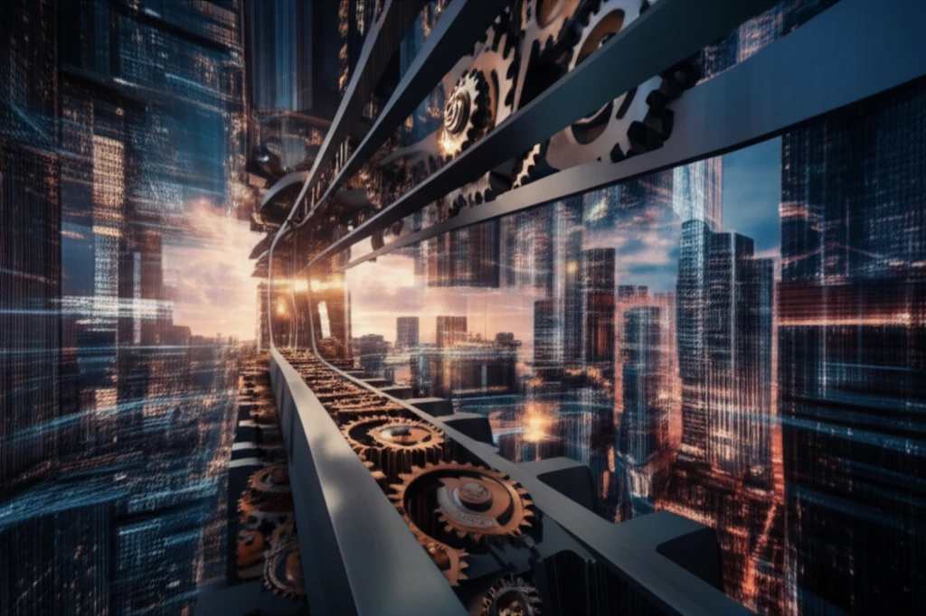 Interconnected gears forming a pathway through a city, symbolizing business process automation.