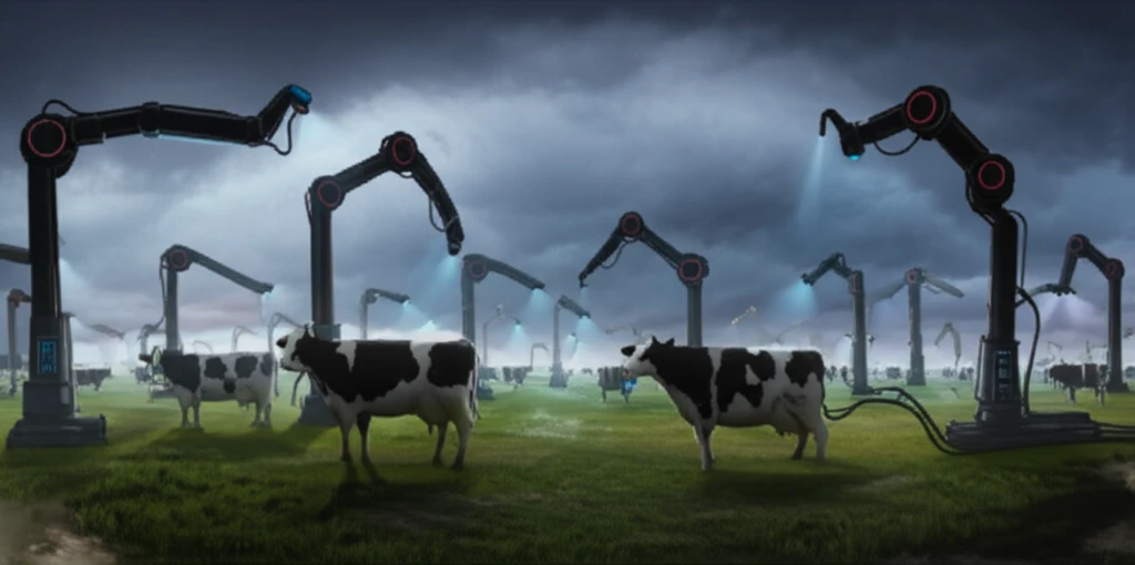 Surreal illustration of a mega-dairy farm with robotic milking arms under a stormy sky.