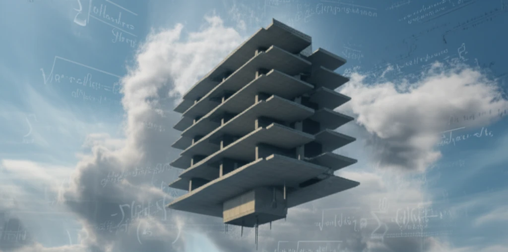 Surreal illustration of a building floating in clouds, symbolizing stochastic analysis for structural integrity.