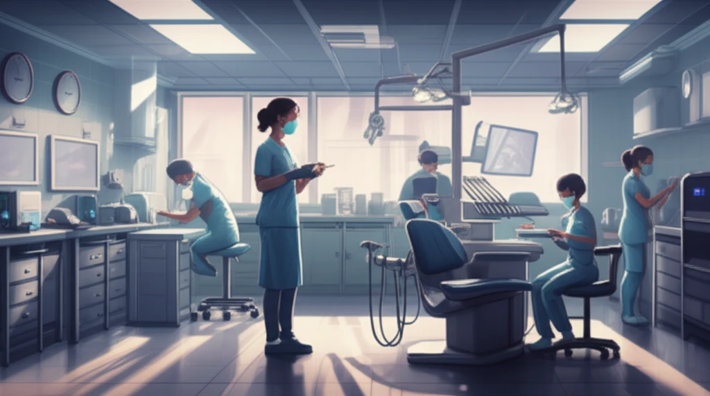 A dental clinic scene emphasizing hygiene and sterilisation.