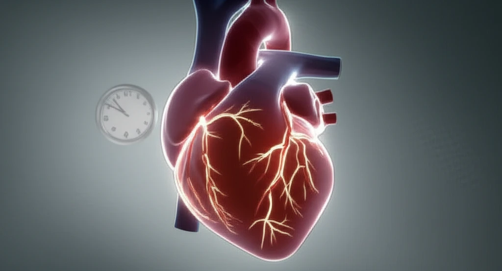 Glowing heart with intricate pathways and ticking clock, symbolizing atrial fibrillation and early detection.