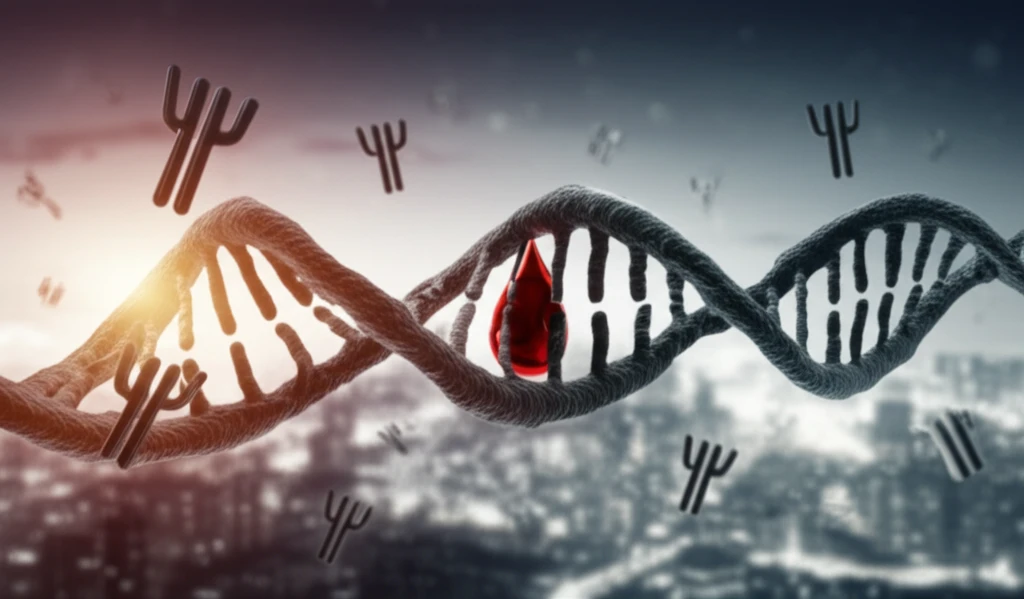 Surreal illustration of hemophilia A treatment and inhibitor development factors.