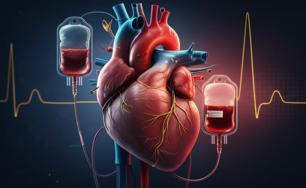 Surreal illustration of a heart intertwined with blood transfusion bags, symbolizing risks and benefits.